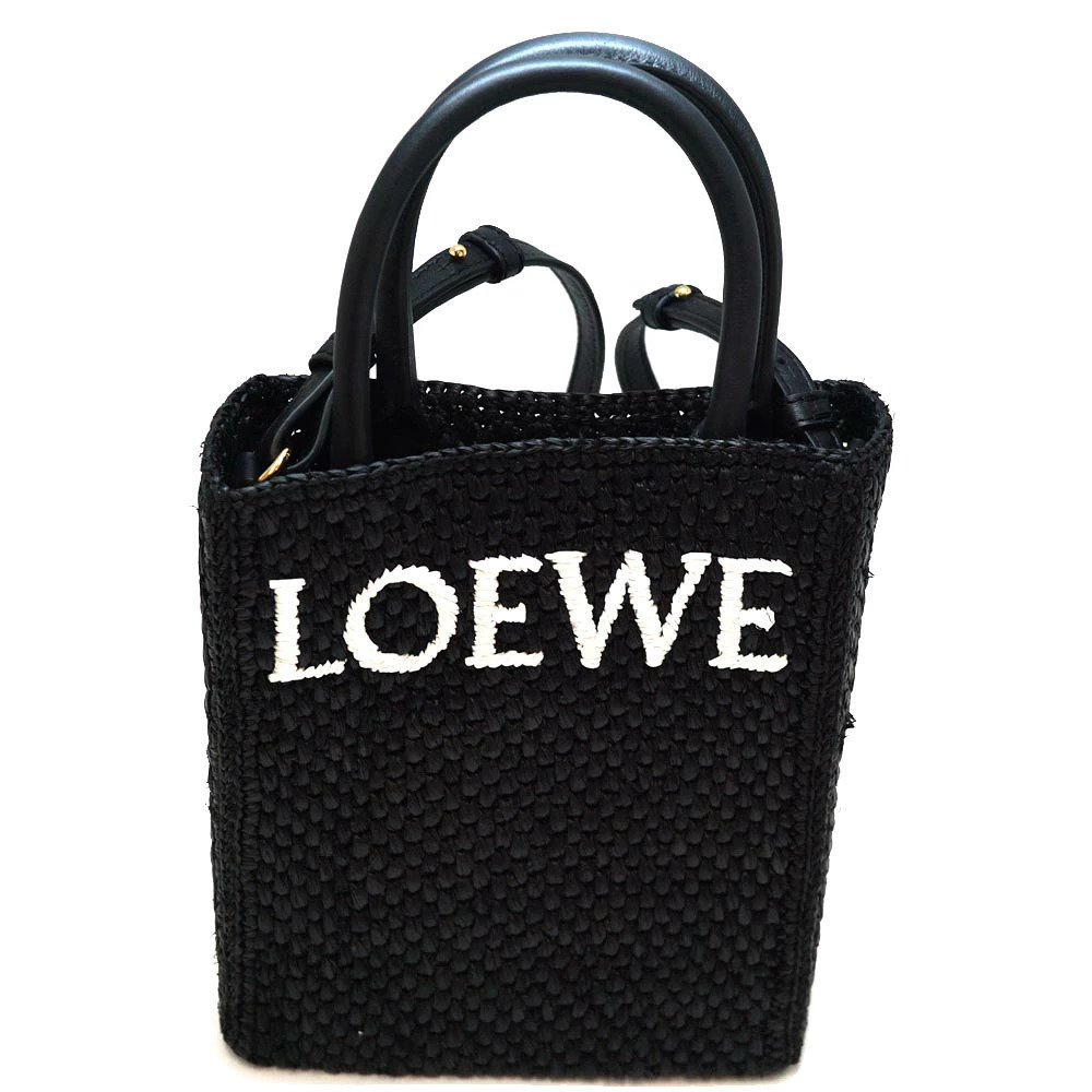 Loewe Font Tote black raffia white embroidered signature logo black